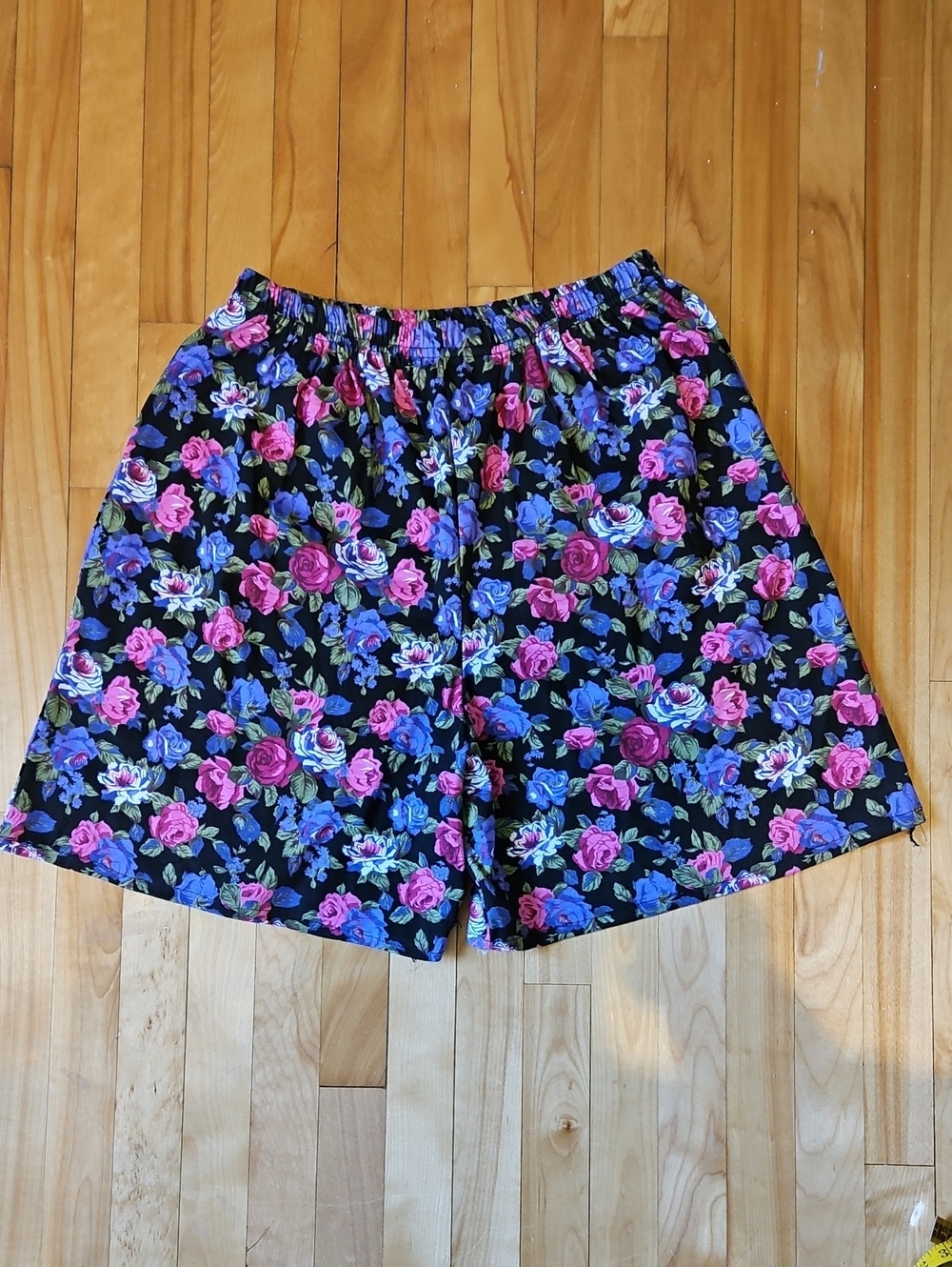 Vintage La Belle Black Shorts with Pink & Blue Rose Print